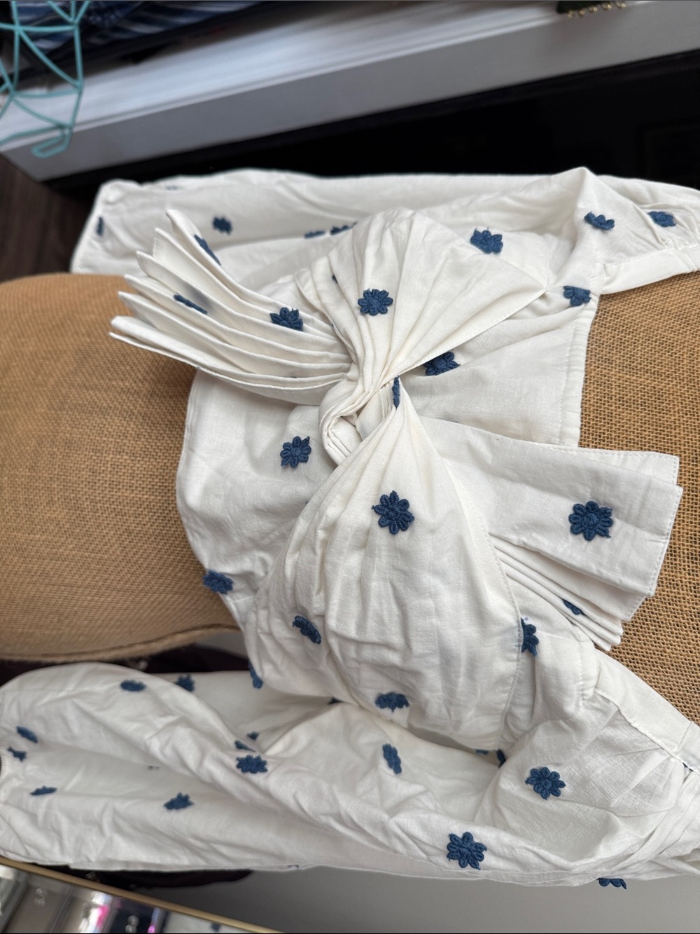 Farm Rio White Cotton Embroidered Top with Blue Floral Accents